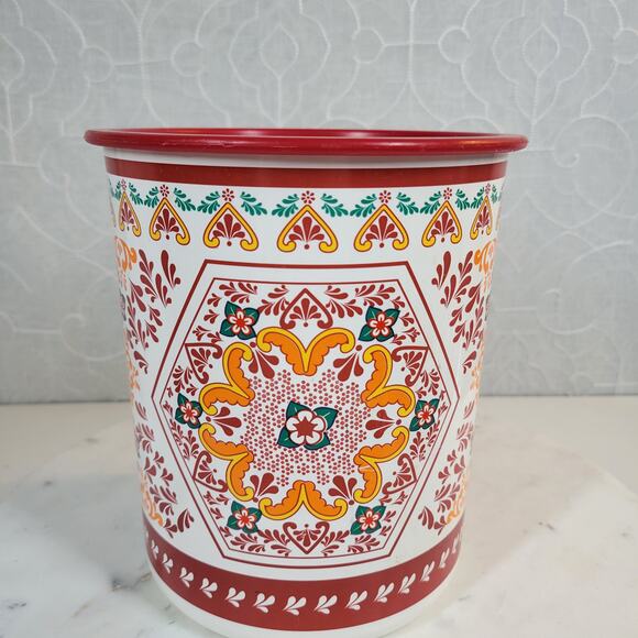 VINTGE Tupperware One Touch Canister Red Lidded Orange Rosemaling Tole Red 90s - Picture 12 of 14